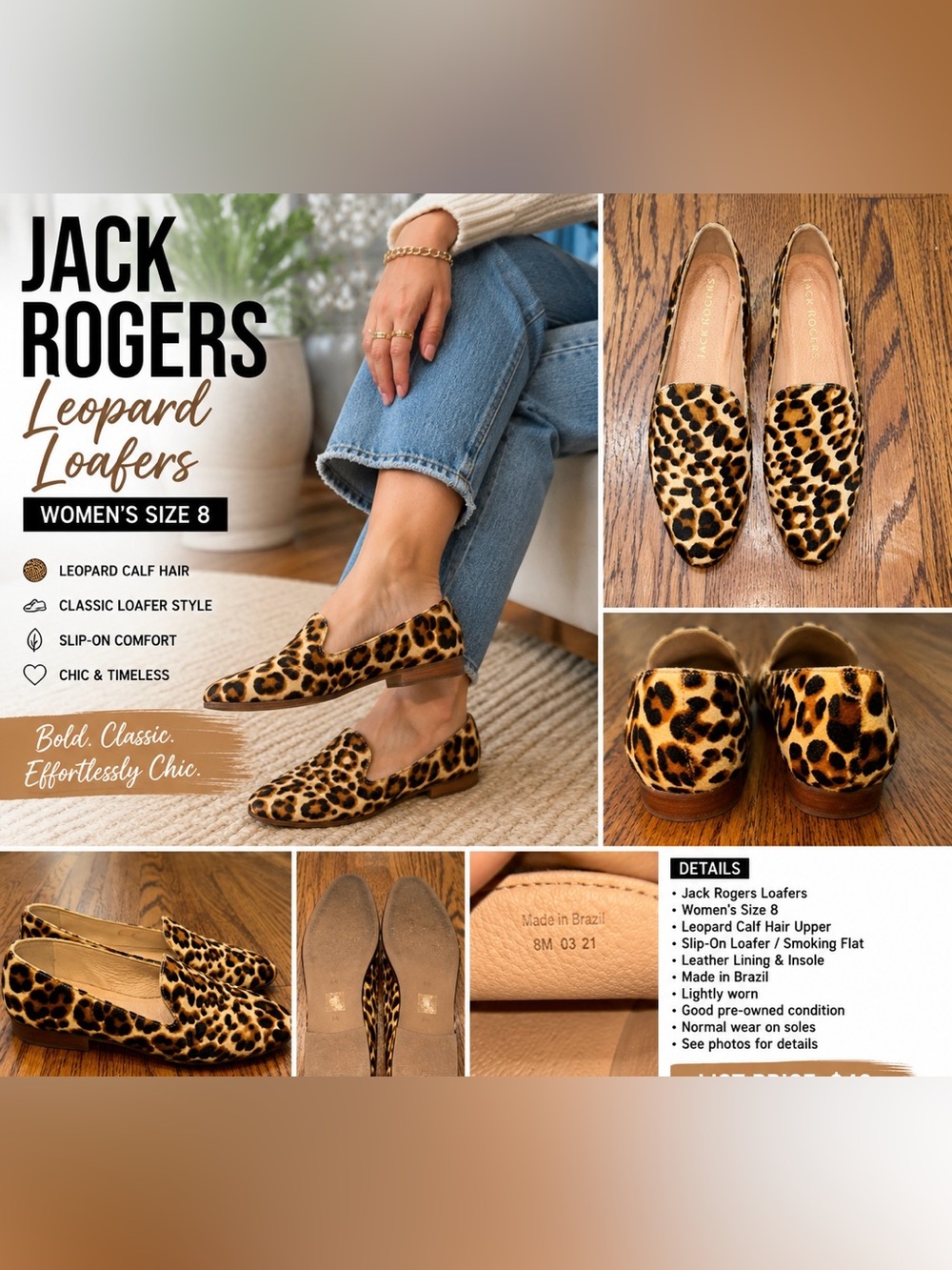Jack Rogers Leopard Calf Hair Loafers Smoking Flats Women’s Size 8